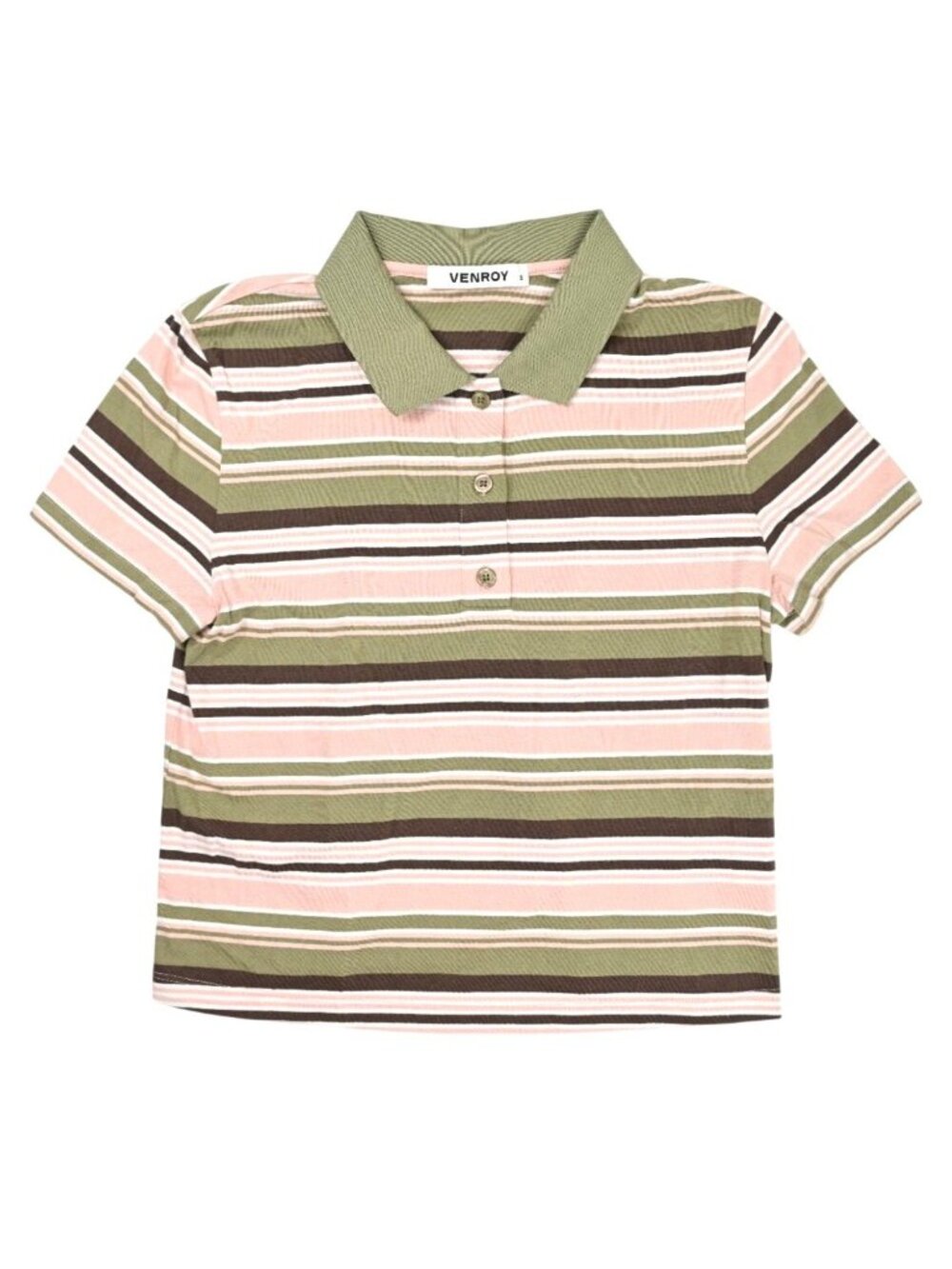 Venroy Short Sleeve Striped Cotton Polo Shirt in Green Pink